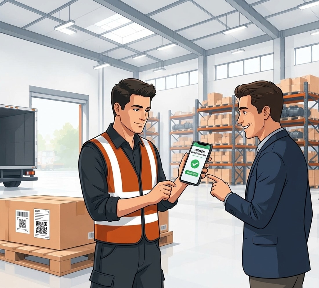 Warehouse fulfillment coordinator verifying buyer pickup order with customer at dispatch bay