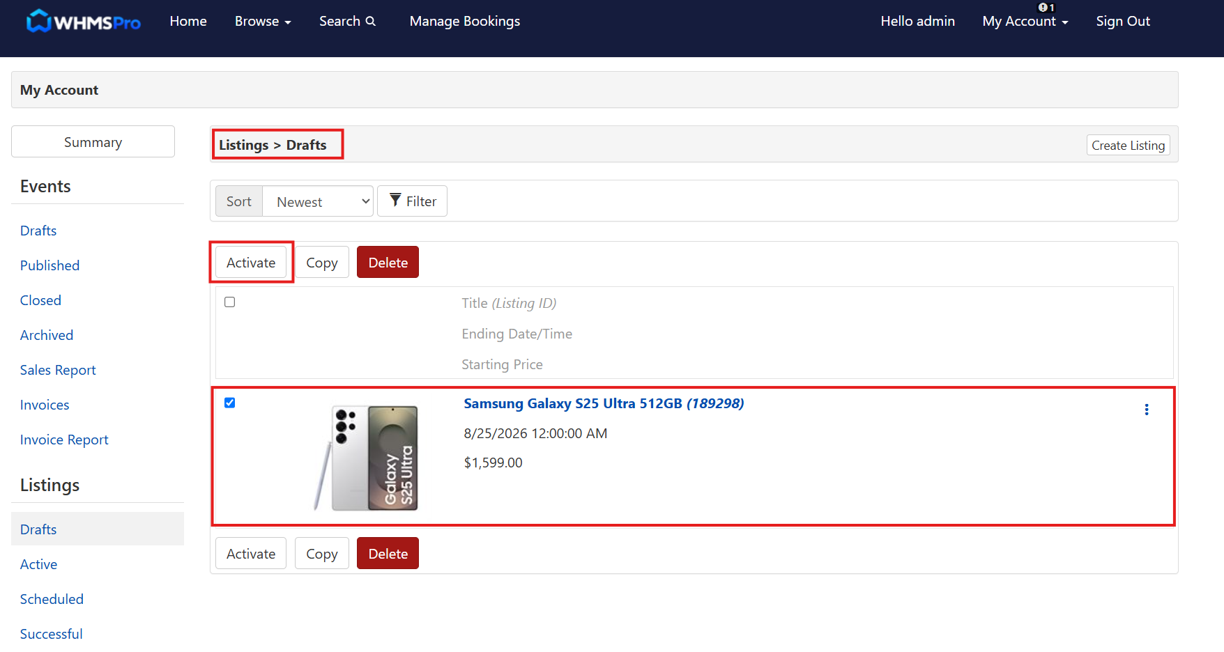 AuctionWorx Listings Draft - Activate Button