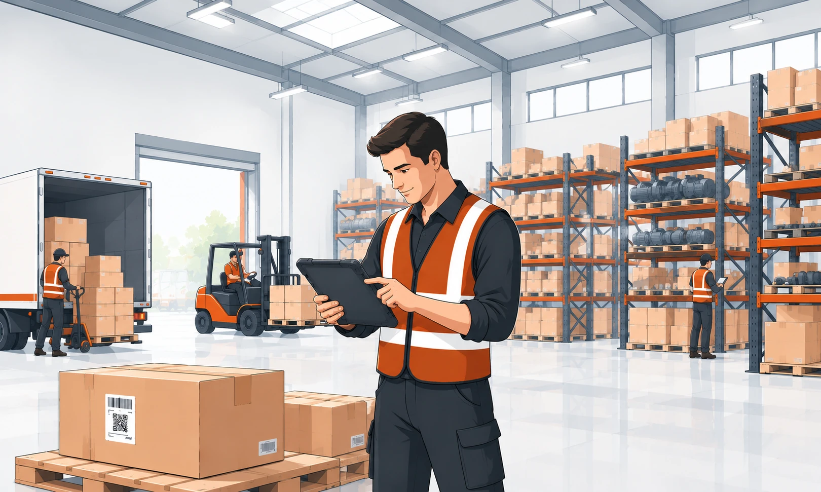 Liquidation warehouse operations specialist scanning inventory crate with tablet