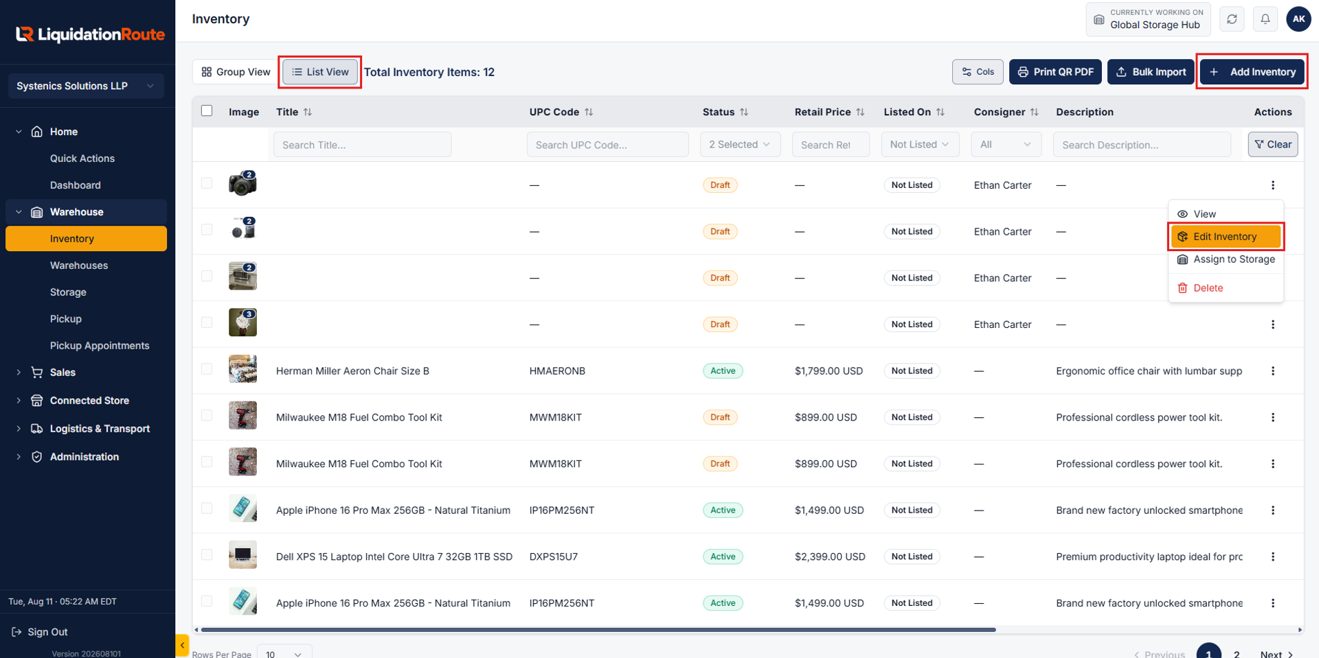 LiquidationRoute Inventory List screen with Add Inventory button and Consignor items action menu