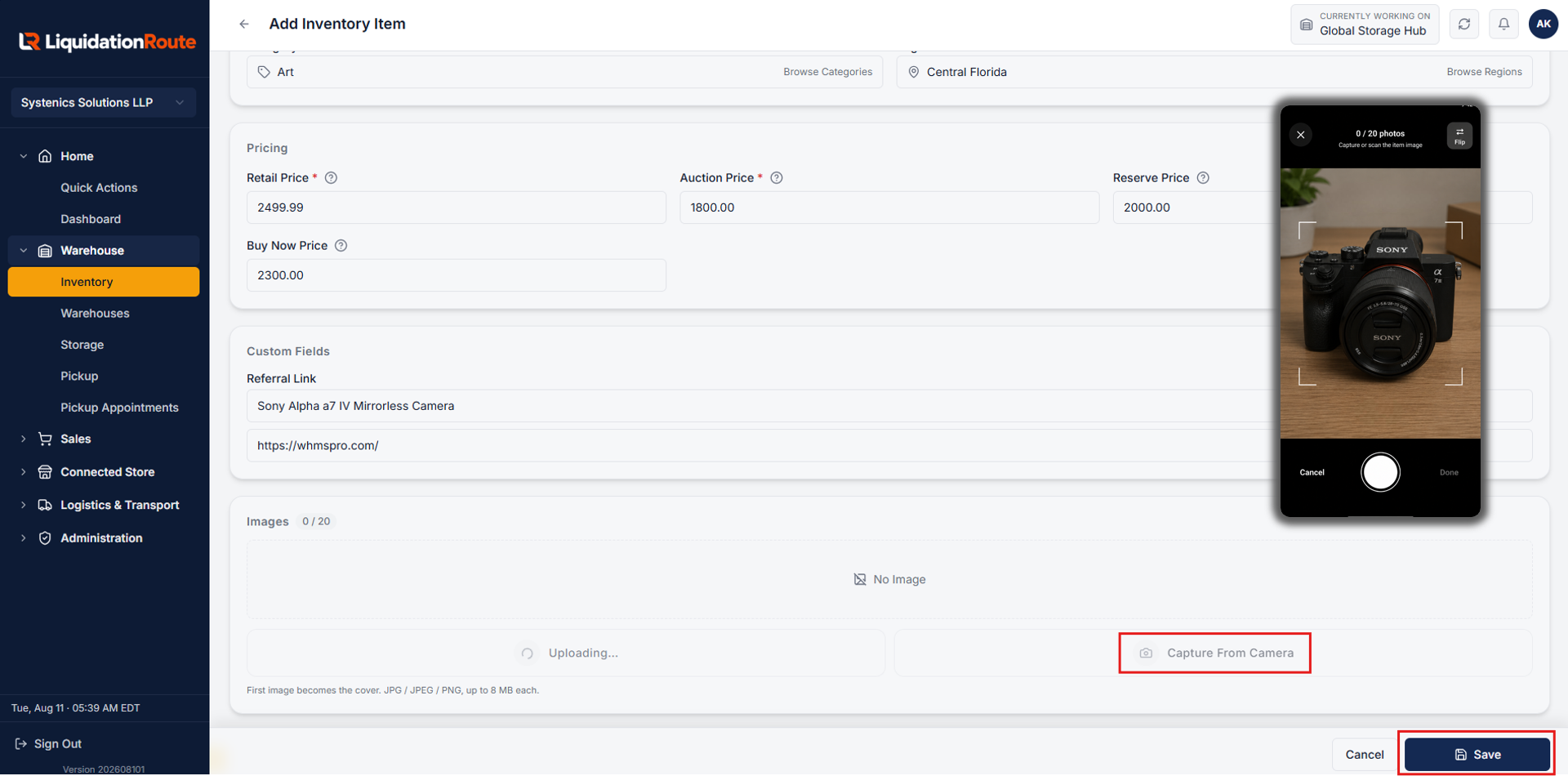 Inventory details form showing category, pricing, custom fields, and photo upload