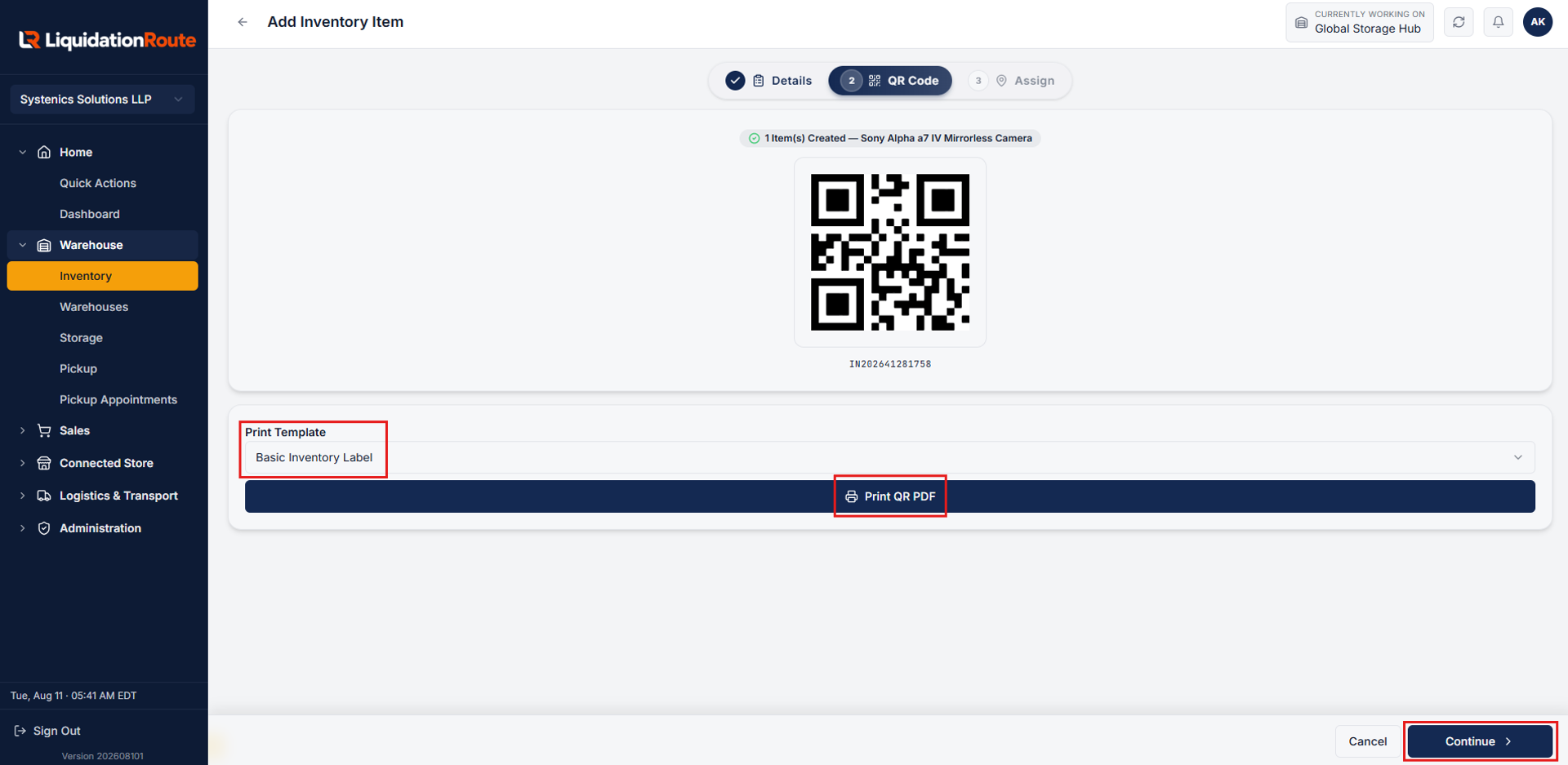 Inventory QR code generation, template selection, and Print QR PDF dialog