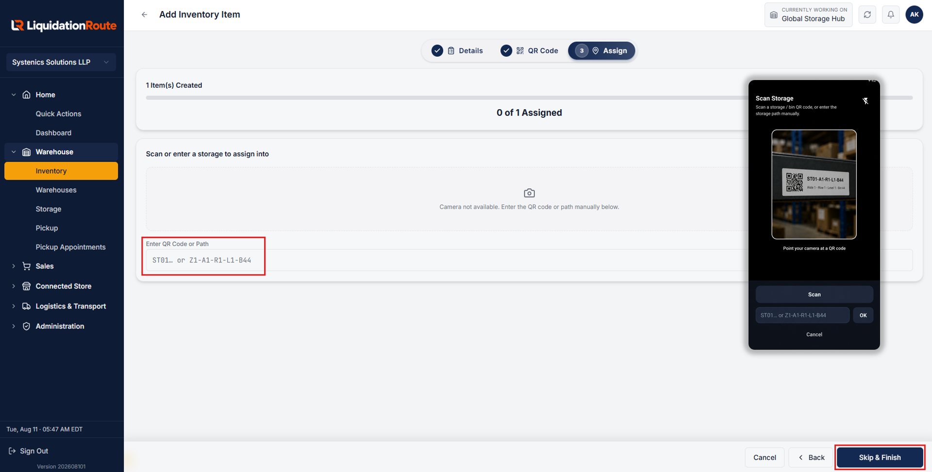 Mobile QR scanning of storage location and Assign to Storage popup selection
