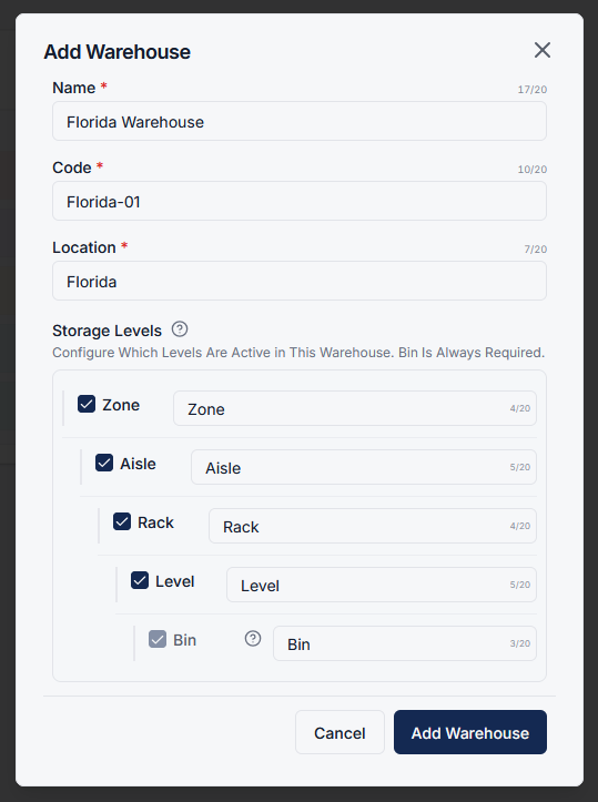 Warehouse Details Form