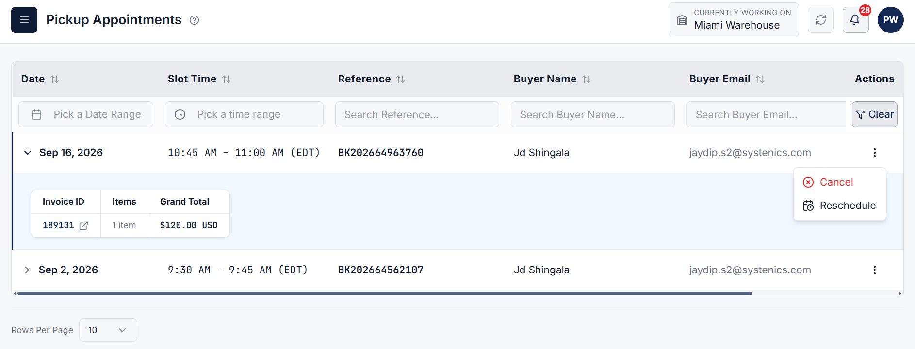 Pickup Appointments Page in Warehouse Section