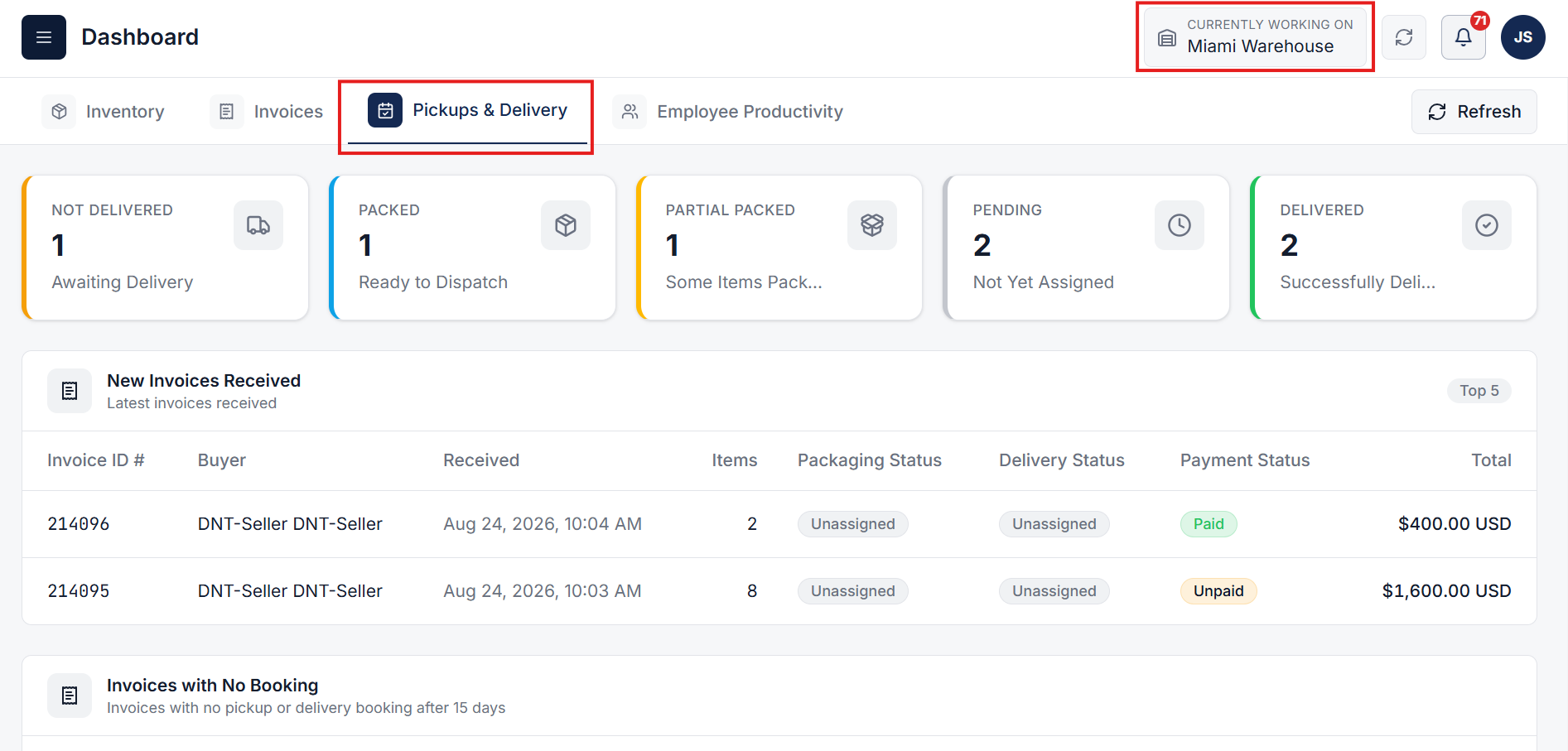 Pickups & Delivery Appointments Dashboard View