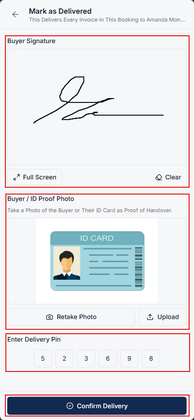 Delivery PIN, Recipient Signature, and ID Proof Verification