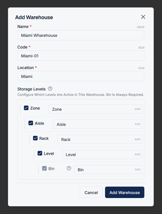 Warehouse setup form